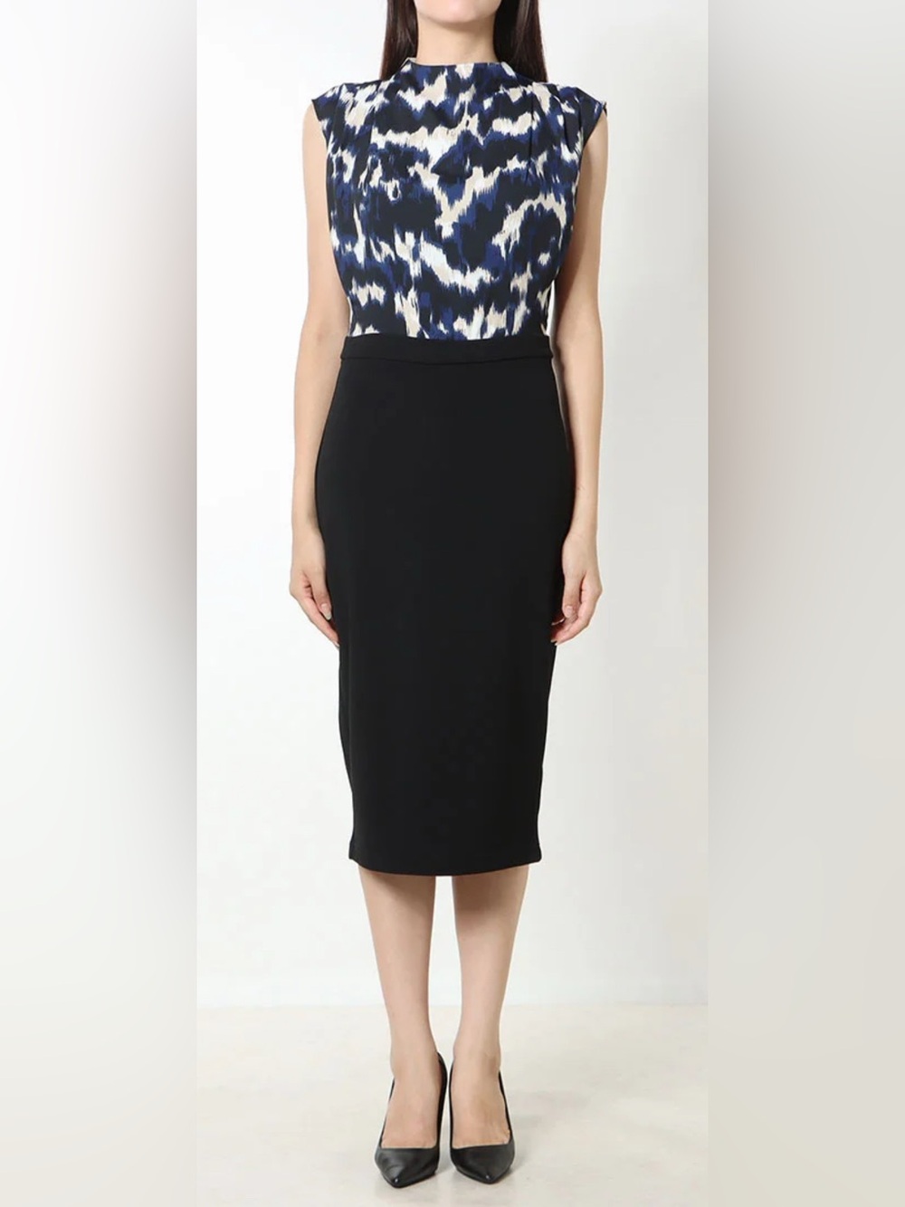 NWT Tahari High Neck Blue and Black Pencil Dress